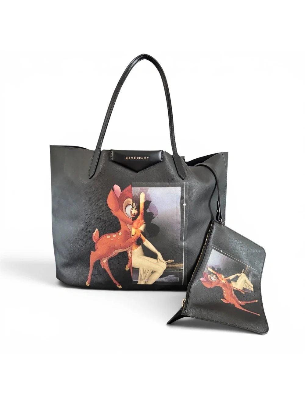 AUTH Givenchy x Disney Bambi Antigona Large Tote Bag with Matching Pouch Black